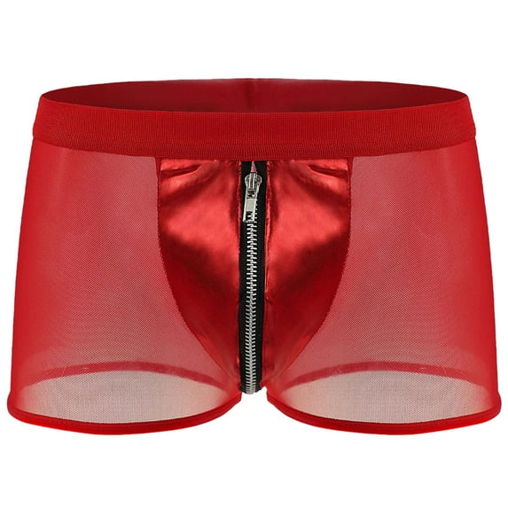 Fgnfyis Mens Underwear Underwear Medium Waist Fine Mesh Imitation Leather Zipper Flat Corner Pants Underwear for Men Red M