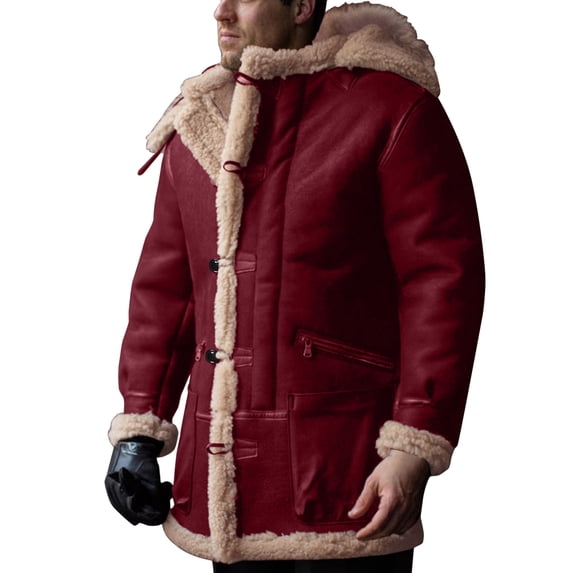 Fgnfyis Mens Winter Jacket Plus Size Hooded Winter Button Coat Lapel Long Sleeve Padded Thicken Suede Mens Winter Coats Red L