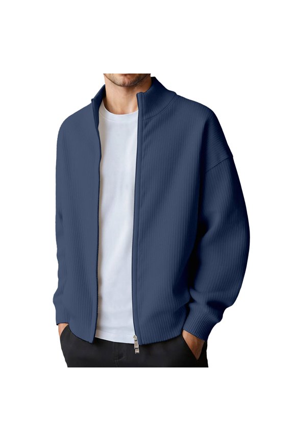 Mens Winter Jacket Winter Solid Color Rib Knit Double Zipper Casual Jacket Without Hood Textured for Everyday Wear Coats for Men Navy S