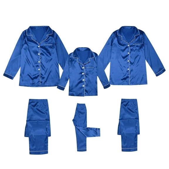 Fgnfyis Mom Satin Silk Button Down Pajamas Sets Solid Two Piece Family Matching Sleepwear Loungewear Long Sleeve Silk Nightwear Family Pajamas for Women Blue S