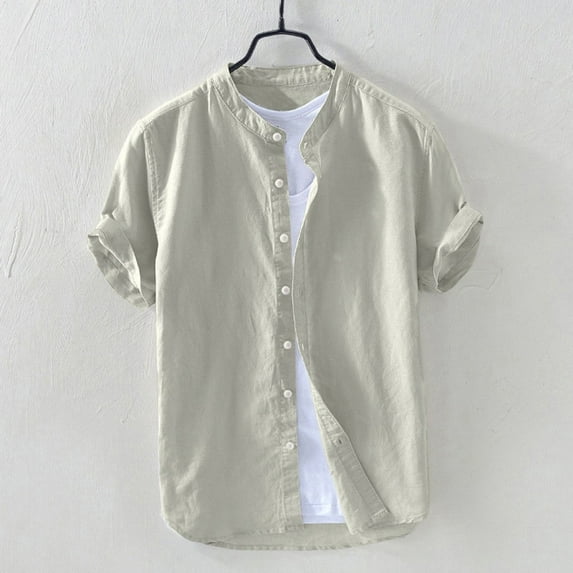 Fgnfyis Retro Baggy Short T Solid Shirts Blouse Tops Button Men's Sleeve Cotton Men's Blouse Men's Casual Shirts Grey XL