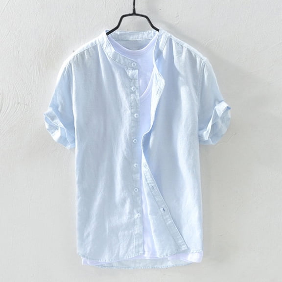 Fgnfyis Retro Baggy Short T Solid Shirts Blouse Tops Button Men's Sleeve Cotton Men's Blouse Men's Casual Shirts Light blue M