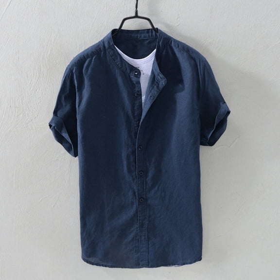 Fgnfyis Retro Baggy Short T Solid Shirts Blouse Tops Button Men's Sleeve Cotton Men's Blouse Men's Casual Shirts Navy M