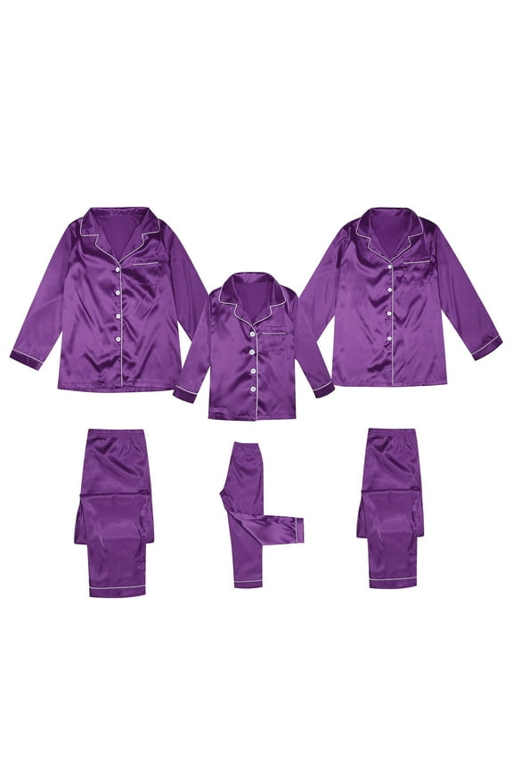 Satin Silk Button Down Pajamas Sets Solid Two Piece Family Matching Sleepwear Loungewear Long Sleeve Silk Nightwear Family Pajamas for Women Purple M