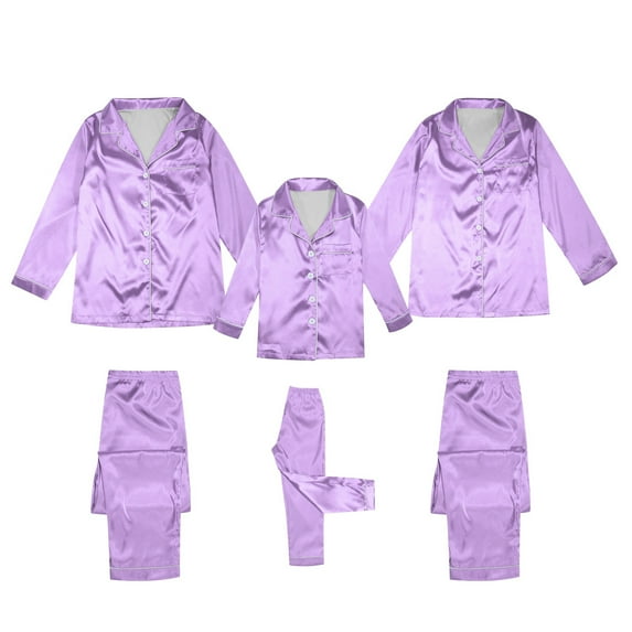 Fgnfyis Soft Light Purple Imitation Silk Long Sleeved Parent Child Pajamas Solid Color 2 Piece Set Family Imitation Silk Set for Mom Light Purple M