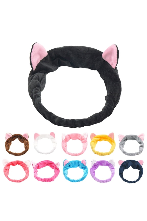 Spa Cat Ears Makeup Facial Headbands for Women Non Wash Face Care Flannel Headband Black