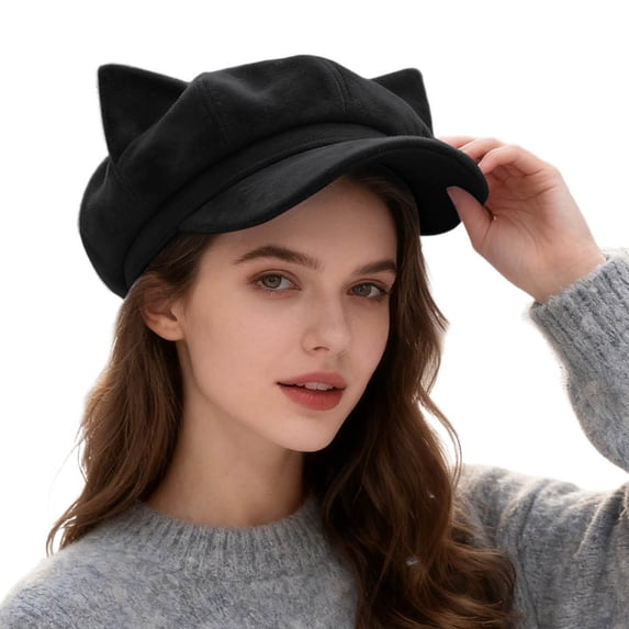 Fgnfyis Stylish Beret Hat with Cat Ear Design Japanese Solid Color Cute Eight Panel Cap for Daily Wear Beret Hats for Women Black