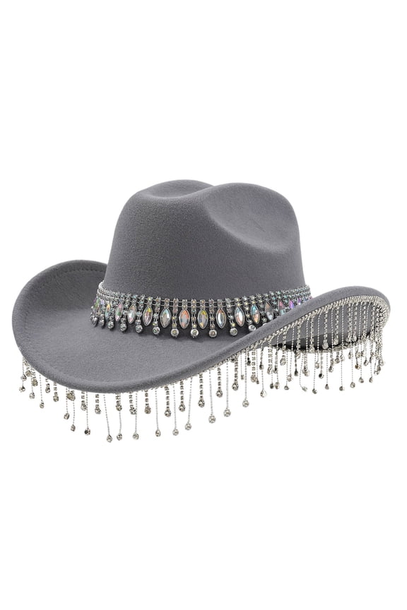 Stylish Cowboy Hat for Womens Hats and Men Western Hat with Large Round Gemstone Fringe Rhinestone Decorations for Parties Grey