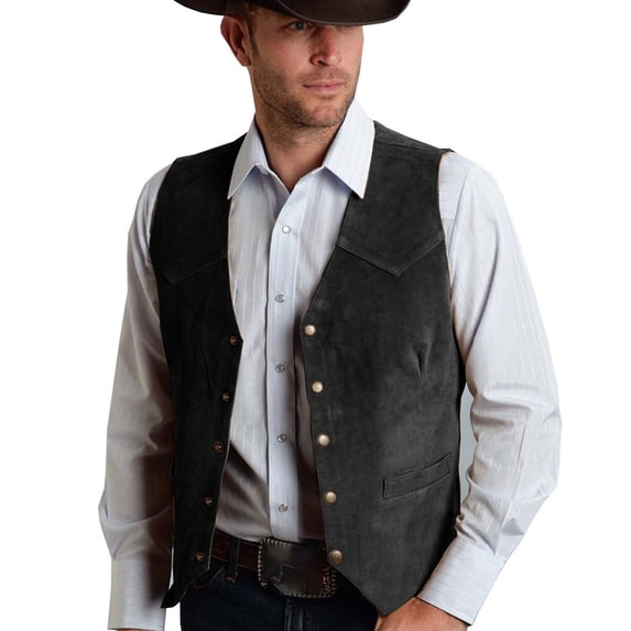 Fgnfyis Stylish Men's Tank Tops Casual Suede Retro V Neck Solid Pocket Button Leather Vest for Comfort and Sophistication Tank Top Men Black M