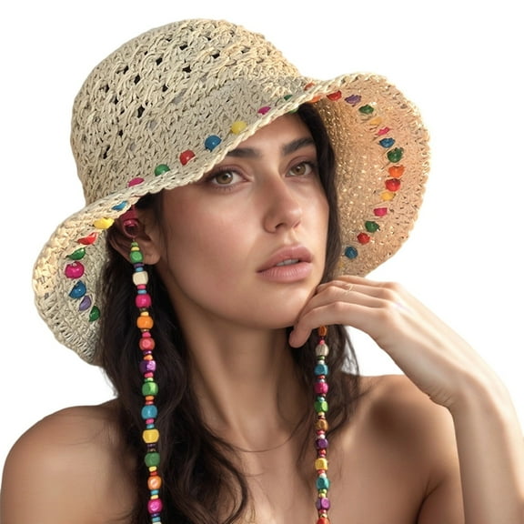 Fgnfyis Stylish Summer Straw Sun Hat With Wide Brim And Decorative Wooden Beads For Outdoor Beach Travel Gardening Activities Khaki M
