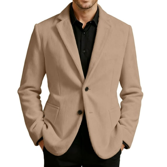 Fgnfyis Suit Jacket for Men Corduroy Solid Color Casual Jacket for Business Holiday Party and Formal Events with Classic Notch Lapel Jackets for Men Khaki M
