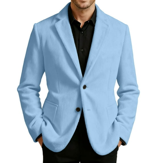 Fgnfyis Suit Jacket for Men Corduroy Solid Color Casual Jacket for Business Holiday Party and Formal Events with Classic Notch Lapel Jackets for Men Sky Blue XL