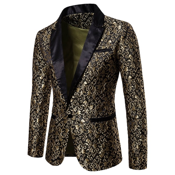 Fgnfyis Suit Jacket for Men Mens Fashion Casual Business Pattern Long Sleeved Lapel Suit with Sequin Buttons and Pocket Jackets for Men Gold L