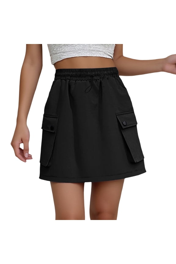 Summer Elastic Waist Drawstring Tooling Skirt High Waist Design A-line Short Skirt Cargo Style with Loops Black XXL