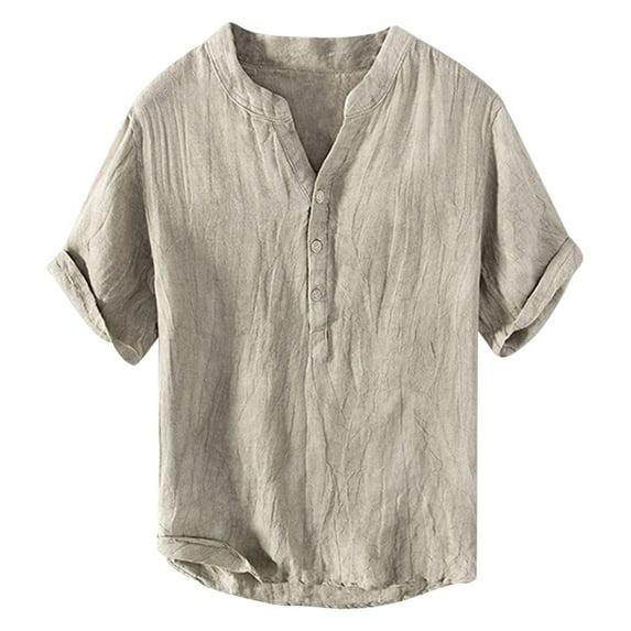 Fgnfyis Summer Linen Short Sleeve Casual T Shirt Men's Stand Pullover Shirt T Shirts for Man Khaki XXL