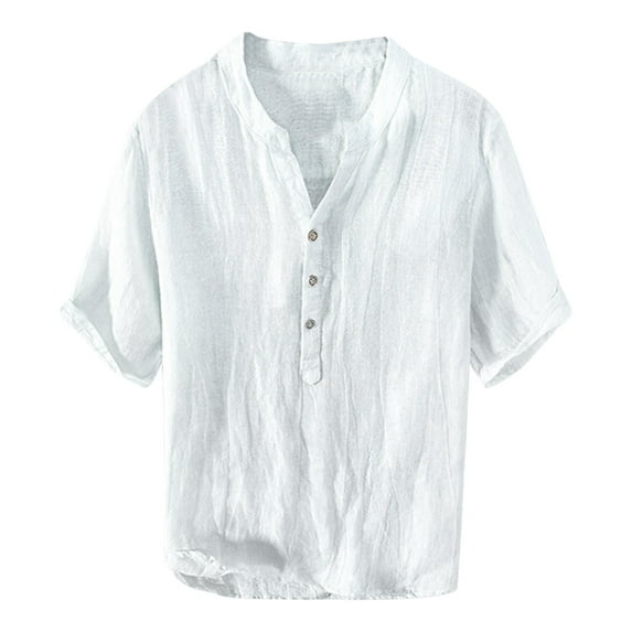 Fgnfyis Summer Linen Short Sleeve Casual T Shirt Men's Stand Pullover Shirt T Shirts for Man White XXL