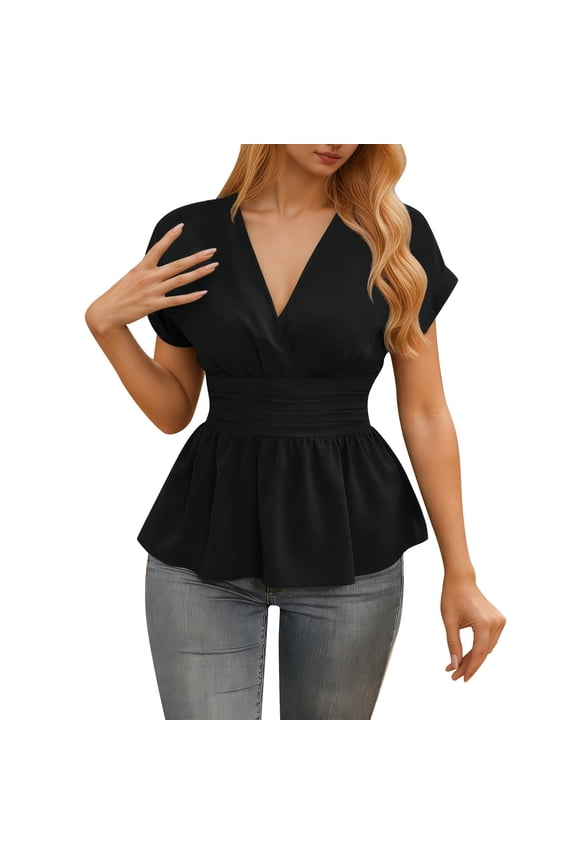 Summer Tops For Women Elegant Wrap V Neck Peplum Stretchy Ruched Ruffle Dressy Blouse Shirt Short Sleeve Tops For Women Black S