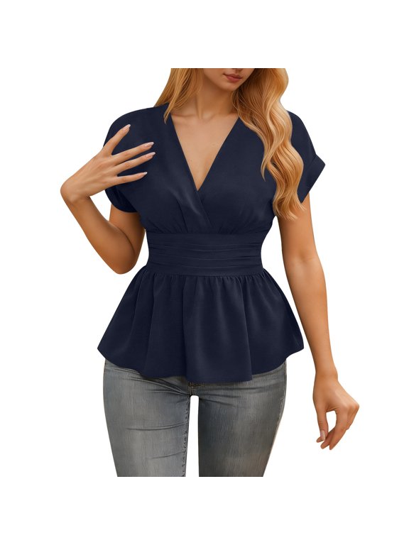 Fgnfyis Summer Tops For Women Elegant Wrap V Neck Peplum Stretchy Ruched Ruffle Dressy Blouse Shirt Short Sleeve Tops For Women Navy L