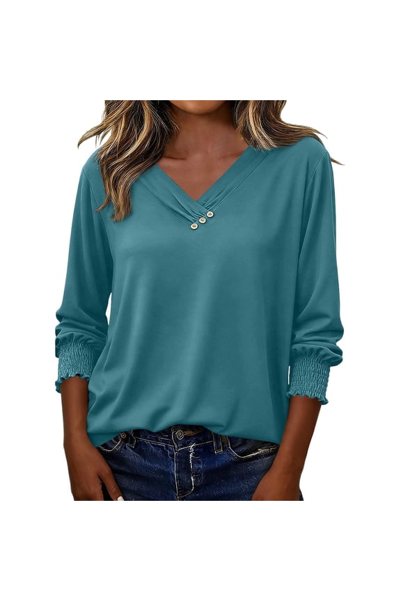 Summer Tops for Women Elegant V Neck Button Down Three Quarter Sleeve Blouse Solid Color Soft Comfortable Daily Wear Top Womens T Shirts Navy XXL
