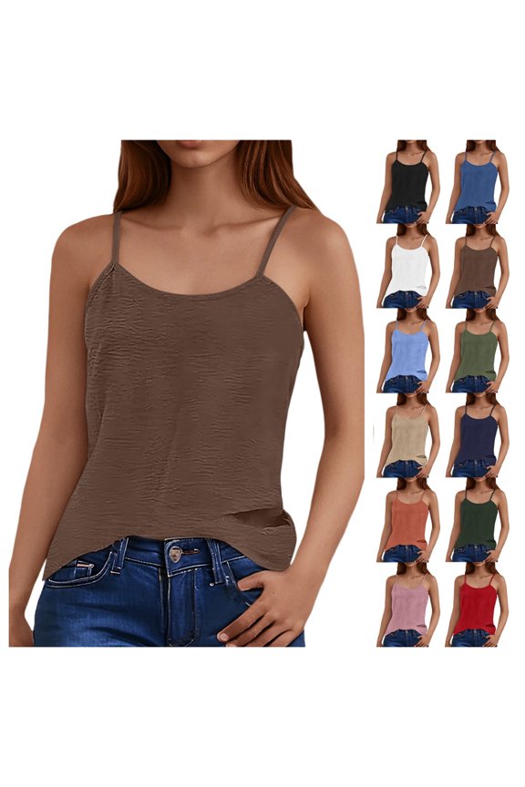 Summer Tops for Women Solid Color Sleeveless Cool Vest Wrinkled Backless Loose Suspender Neck Style Sleeveless Tops for Women Coffee M