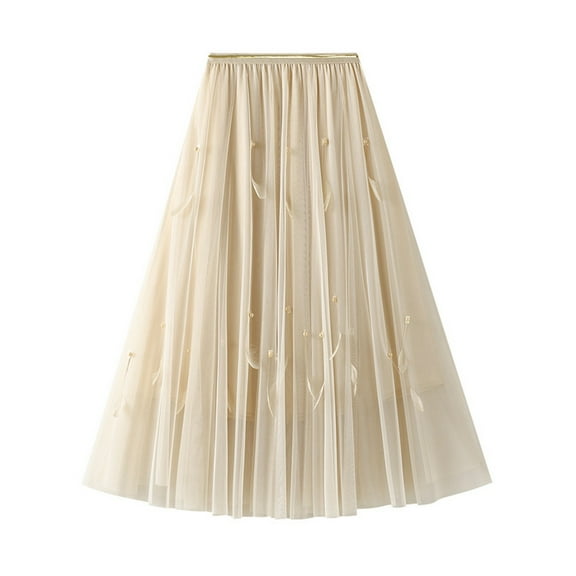 Fgnfyis Super Fairy Skirt A-line Skirt Mid Length Swing Skirt Women's Spring High Waist Feather Puff Skirt Flowy Maxi Skirt Beige One Size