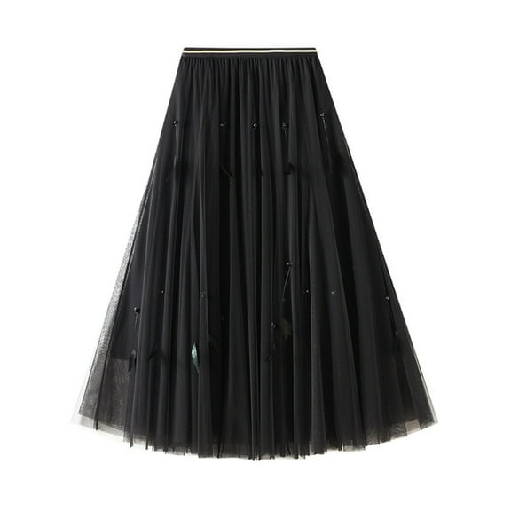 Fgnfyis Super Fairy Skirt A-line Skirt Mid Length Swing Skirt Women's Spring High Waist Feather Puff Skirt Flowy Maxi Skirt Black One Size