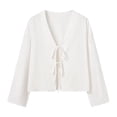thumbnail image 1 of Fgnfyis T Shirts For Women Casual Summer Sleeves Tie Detail Elegant Flowy Blouse Daily Wear Womens Long Sleeve Tops White L, 1 of 5