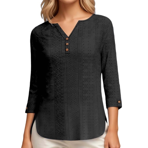 Fgnfyis T Shirts For Women Summer 3/4 Sleeve V Neck Long Sleeved Casual Loose Fitting Solid Color Top Womens Long Sleeve Tops Black XXL