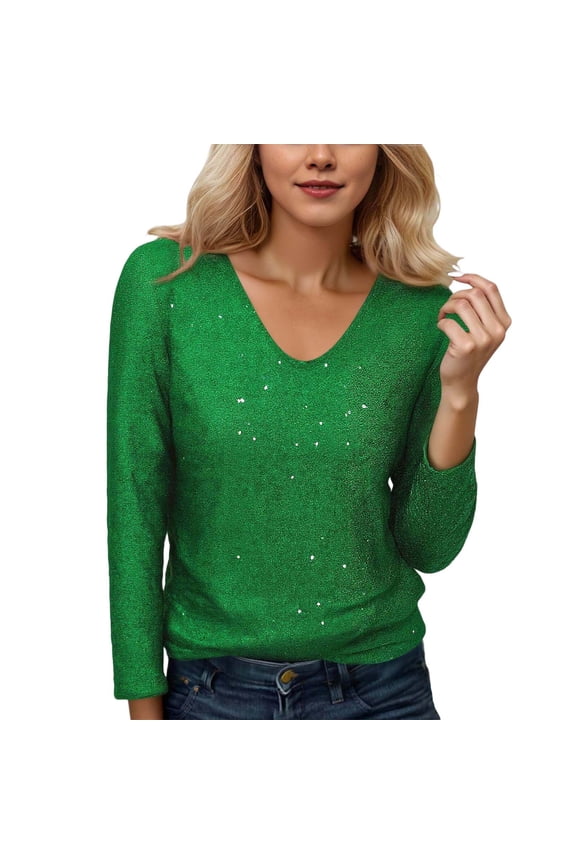 T Shirts For Women Elegant Glittering Long Sleeve Tee Subtle Shine Blouse Sophisticated Everyday Vibe Work Casual Womens Long Sleeve Tops Green XXXL