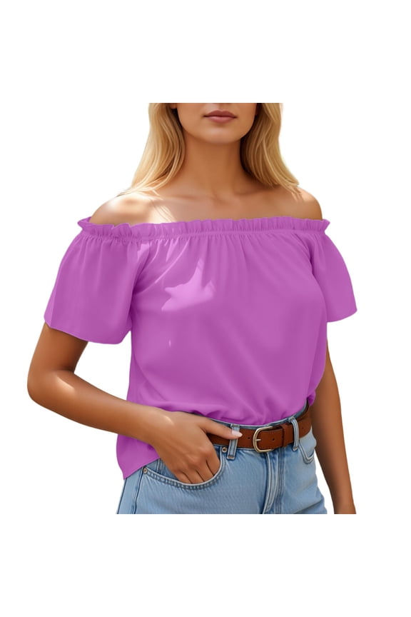 T Shirts for Women Elegant Boat Neck Blouse with Ruffle Short Sleeve Casual Summer Top with Flowy Sleeves Womens Tops Light Purple XXL