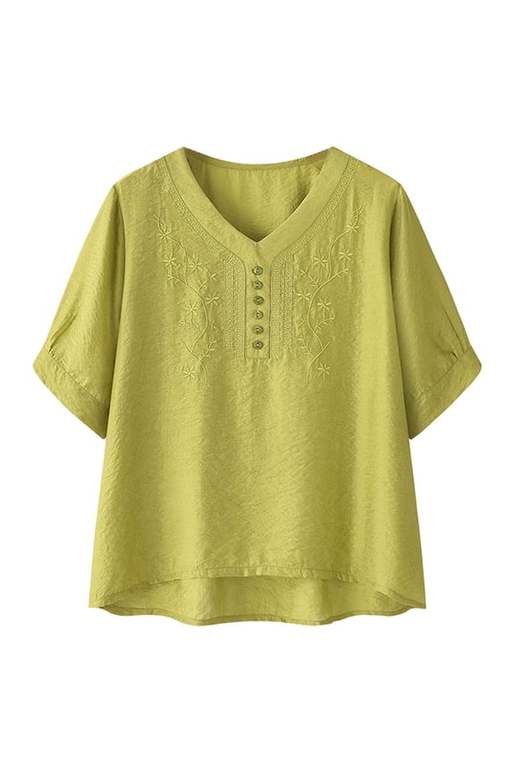 T Shirts for Women Embroidered Short Sleeve T Shirt with Floral Design Casual Comfortable Blended Top for Everyday Wear Womens Tops Yellow XL