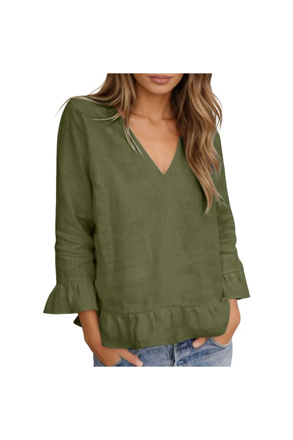 T Shirts for Women Summer Ruffle Long Sleeve V Neck Casual Loose Comfy Work Blouse Tee Womens Tops Green XXL