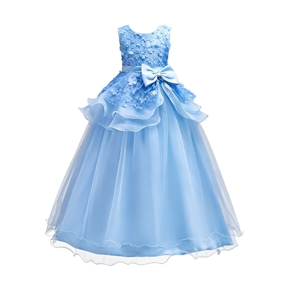 Fgnfyis Toddler Girl Dresses Tutu Long Gown Wedding Pageant Performance Embroidered Formal Flower Girl Dress Blue 11-12 Years