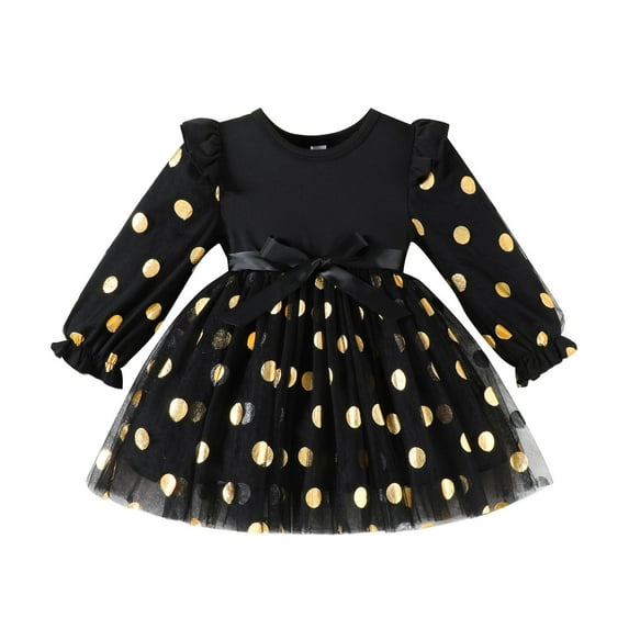 Fgnfyis Toddler Girls Dress Long Sleeve with Bow Tie Polka Dot Print for Party Dance Elegant Gown Everyday Outfit Wear Black 9-12 Months