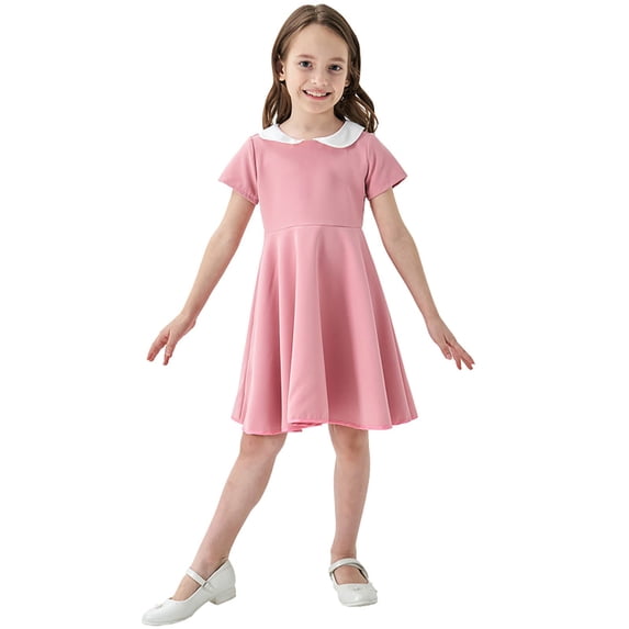 Fgnfyis Toddler Princess Dress Classic School Style Color Contrast Short Sleeve Girls Summer Dress Pink 5-6 Years