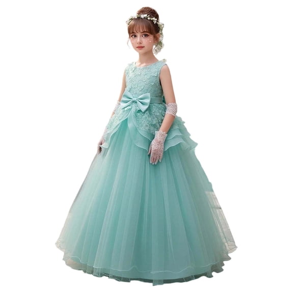 Fgnfyis Toddler Princess Dress Floral Bow Detail Sleeveless Long Formal Pageant Party Evening Gown Girls Summer Dresses Green 5-6 Years