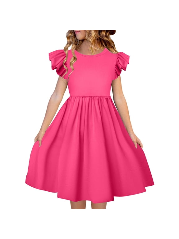 Toddler Princess Dress Fly Sleeve Crew Neck Ruffle Summer Casual Kids Girls Dress Hot Pink 5-6 Years