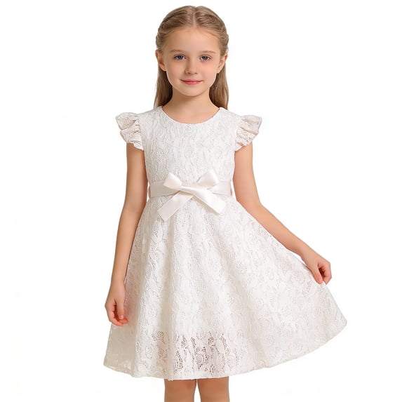Fgnfyis Toddler Princess Dress Lace Puff Sleeves Front Zipper Elegant Summer Casual Party Toddlers Girls Summer Dress White 4-5 Years