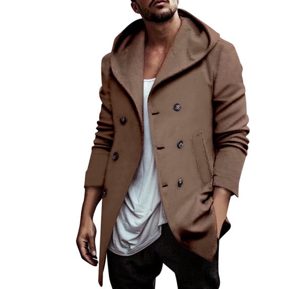 Fgnfyis Trench Coat Men Autumn Winter Long Lapel Hooded Double Casual Trench Coat Space Style Mens Coats Khaki L