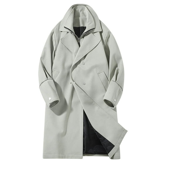 Fgnfyis Trench Coat Men Solid Color Double Wool Blend Overcoat British Style Winter Warm Long Coat with Detachable Hood for Outdoor Mens Jacket Light Green XXL