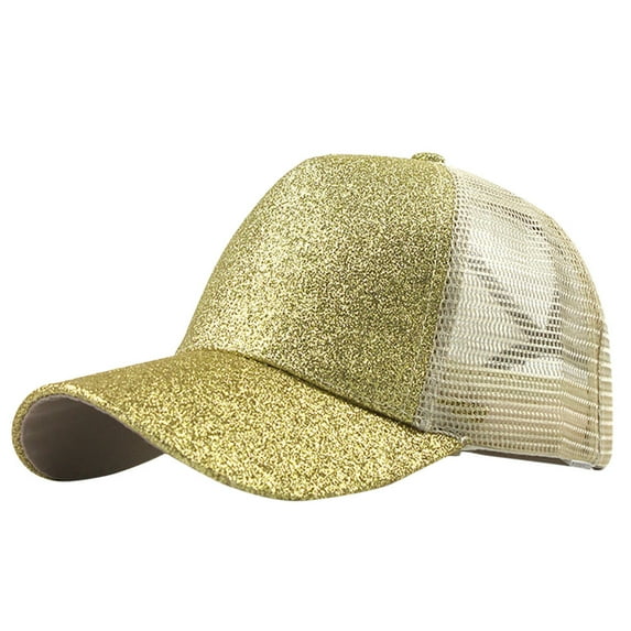 Fgnfyis Trucker Ponytail Baseball Cap with Glitter Mesh Unisex Adjustable Visor Hat for Messy Bun Hairstyles Beige One Size