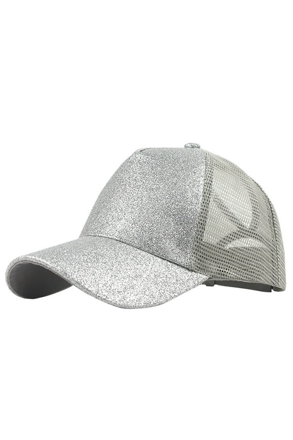 Trucker Ponytail Baseball Cap with Glitter Mesh Unisex Adjustable Visor Hat for Messy Bun Hairstyles Silver One Size