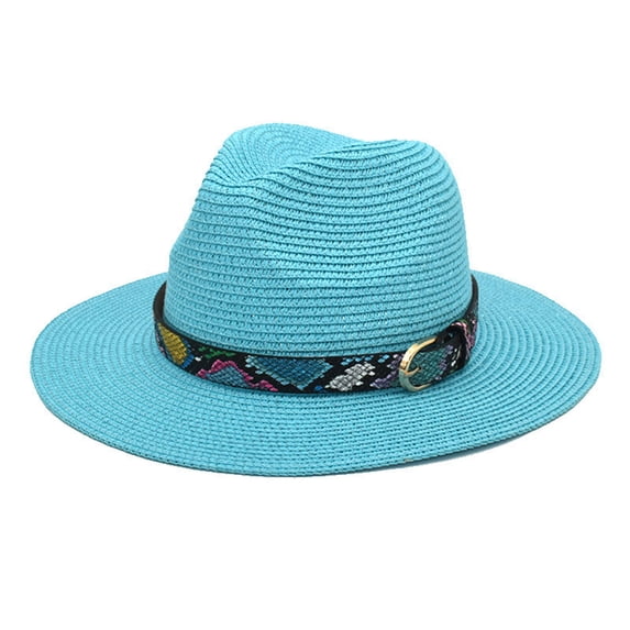 Fgnfyis Unisex Retro Western Cowboy Bucket Hat for Adults with Leather Belt Wide Brim Straw Riding Cap Light Blue One Size
