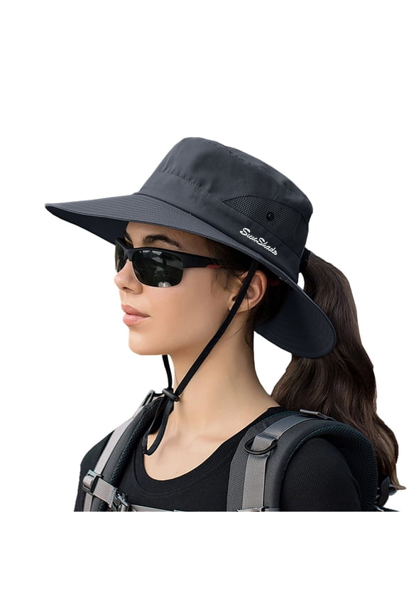 Upf Adjustable Sun Hats for Women and Men Outdoor Camping Sports Lightweight Wide Brim Summer Hat with Ponytail Hole Black