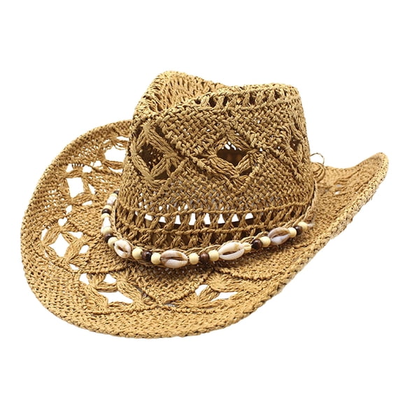 Fgnfyis Western Classic Cowboy Hat for Women Men Summer Shapeable Straw Sun Hat with Decorative Bands Khaki One Size