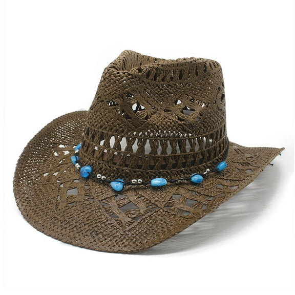 Fgnfyis Western Classic Shapeable Straw Cowboy Hat for Women Men Summer Sun with Decorative Bands Brown One Size