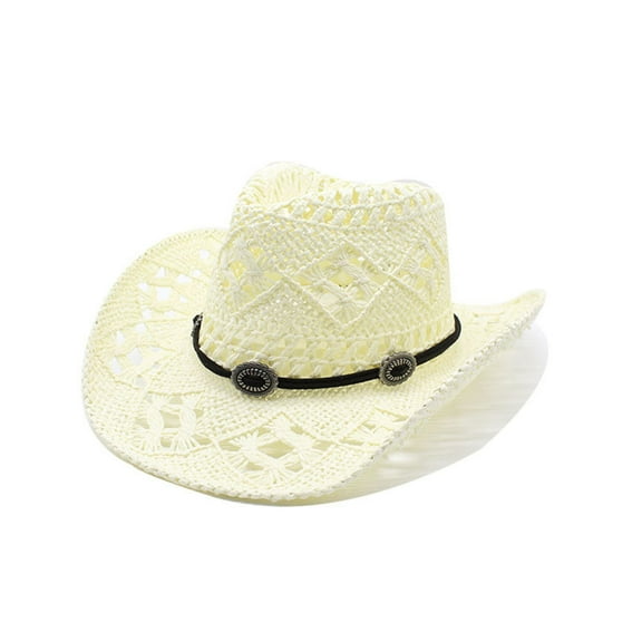 Fgnfyis Western Classic Shapeable Straw Cowboy Sun Hat for Women Men Summer Wide Brim Hollow Design Light Yellow One Size