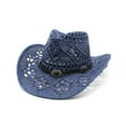 thumbnail image 1 of Fgnfyis Western Classic Shapeable Straw Cowboy Sun Hat for Women Men Summer Wide Brim Hollow Design Navy One Size, 1 of 3