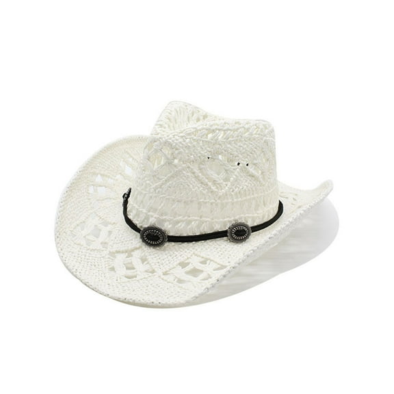 Fgnfyis Western Classic Shapeable Straw Cowboy Sun Hat for Women Men Summer Wide Brim Hollow Design White One Size