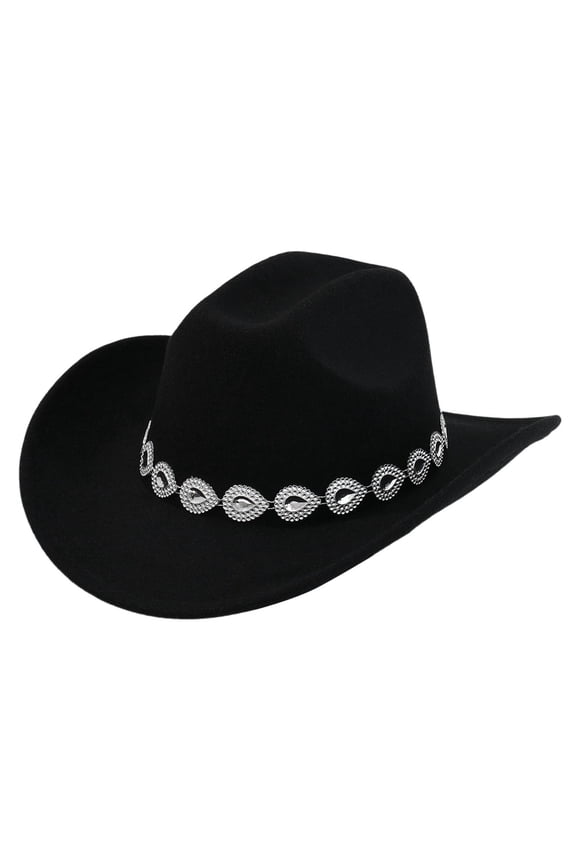Western Cowboy Hat for Men and Women with Metal Drops Gemstone Net Design Chain for Parties and Mens Hats Fashion Events Black